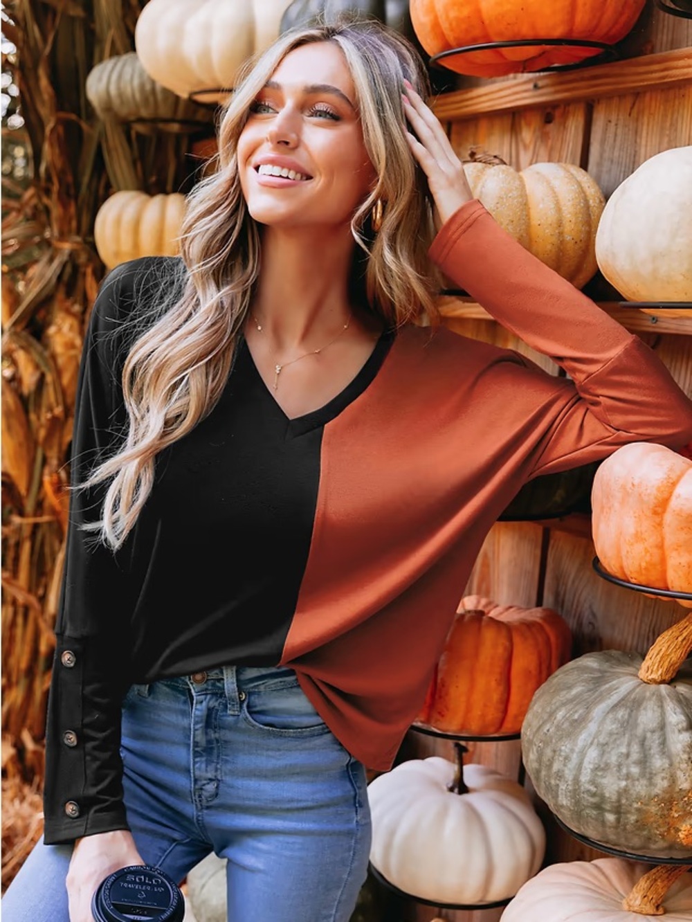 CUPSHE Orange Black V Neck Dolman Colorblock Halloween Button Sleeve Top Large